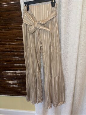 Striped Wide-Leg High-Waist Pants with Tie Belt - Beige